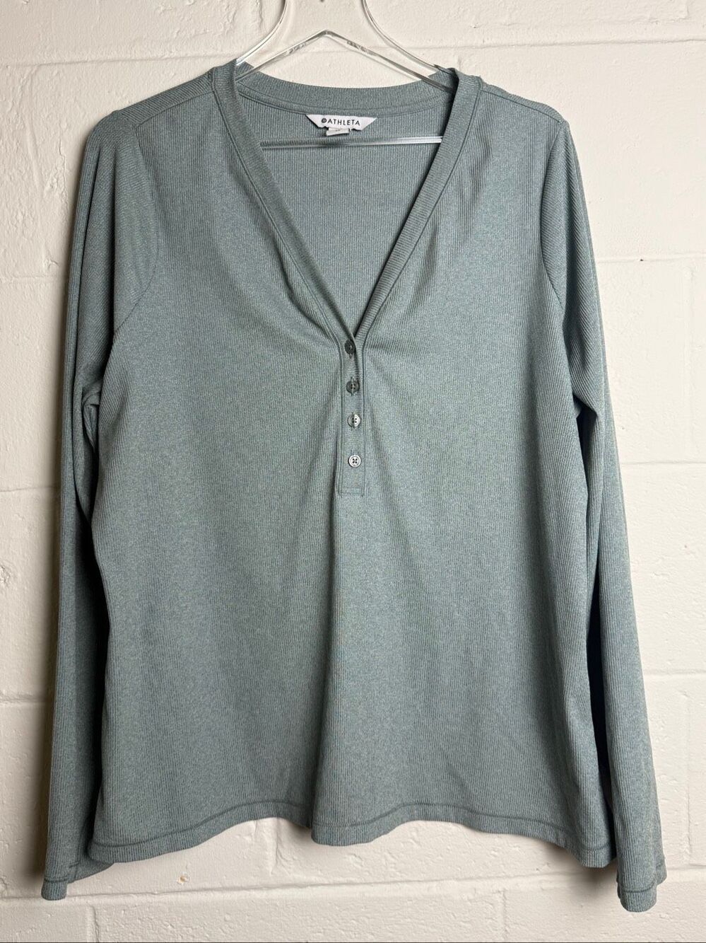 Athleta Uptempo Ribbed Henley Top 2X Sage Green Long Sleeve Performance Shirt